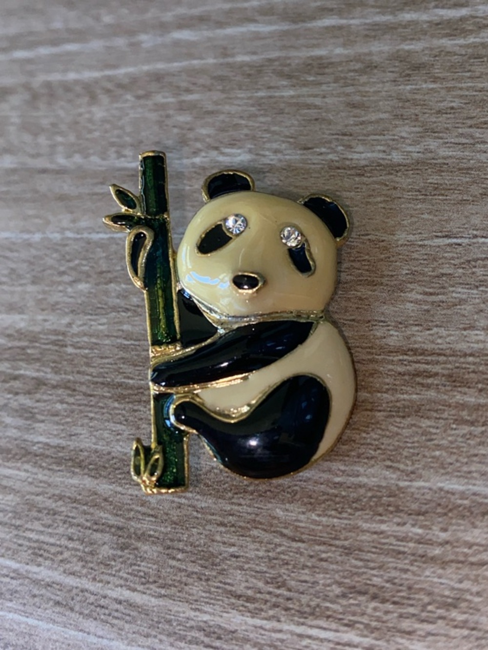 Vintage Panda with Bamboo Enamel Pin - Black, Cream, Green goldtoned